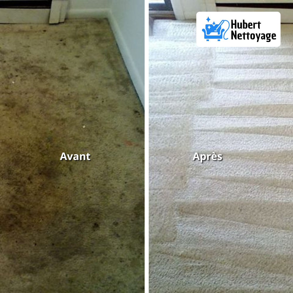 Avant_après _ moquette de bureau tachée restaurée grâce à notre injecteur-extracteur – prestation réalisée en Île-de-France
