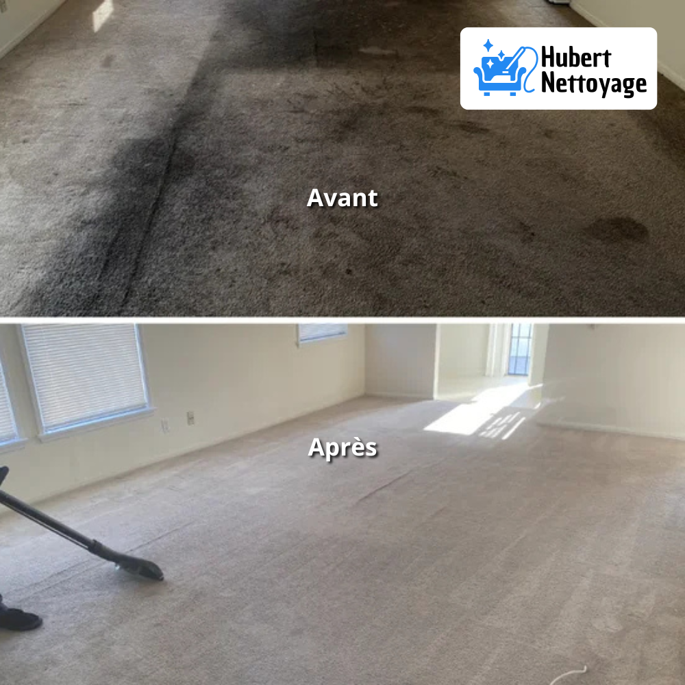 Avant_après impressionnant du nettoyage d'une moquette très sale dans un salon familial – transformation totale en Île-de-France