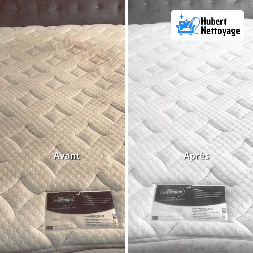 Désinfection en profondeur d’un matelas double fortement taché, traitement anti-acariens et anti-odeurs réalisé à domicile, service local en Île-de-France